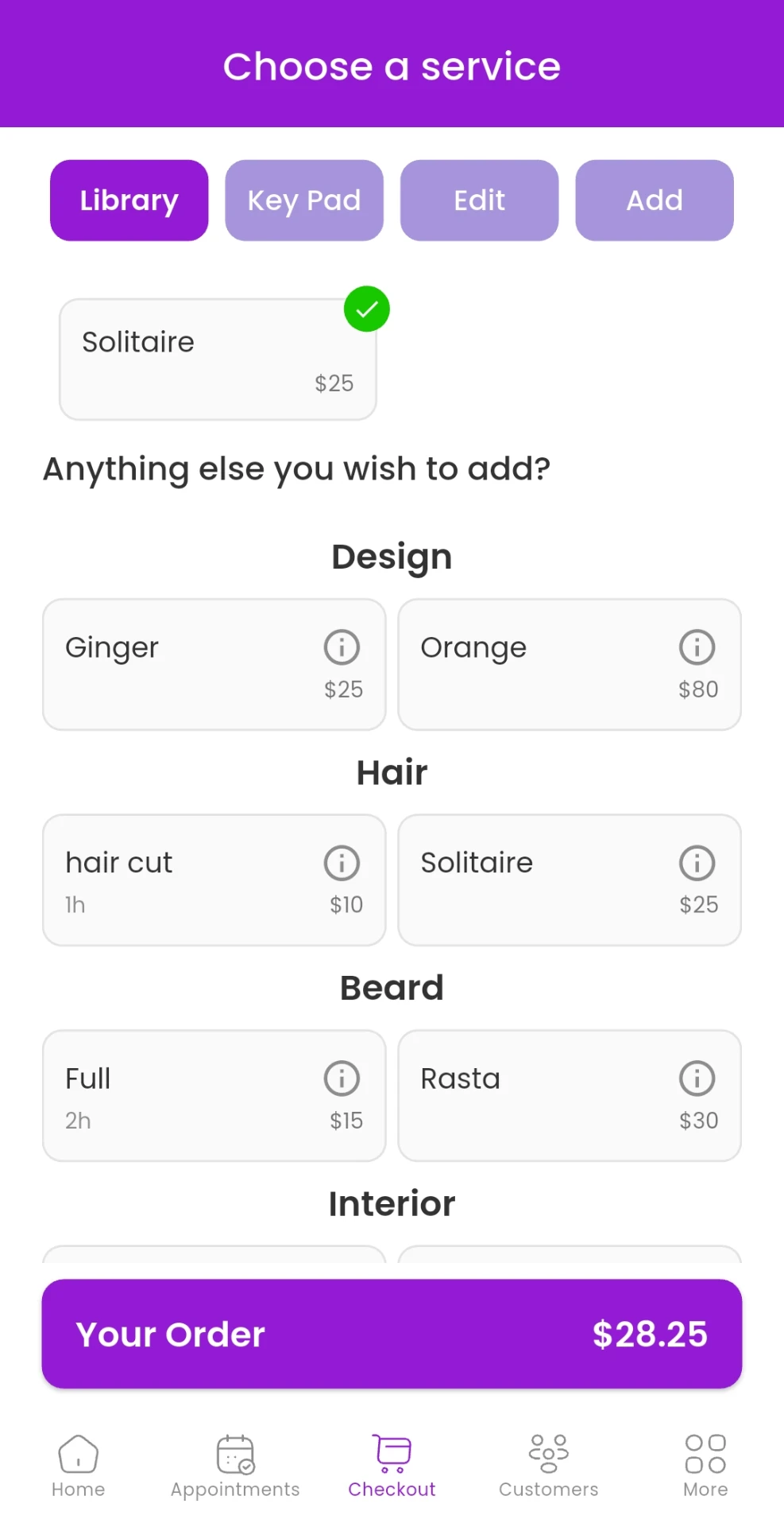 Choose a service screen in the Sercus for Business app
