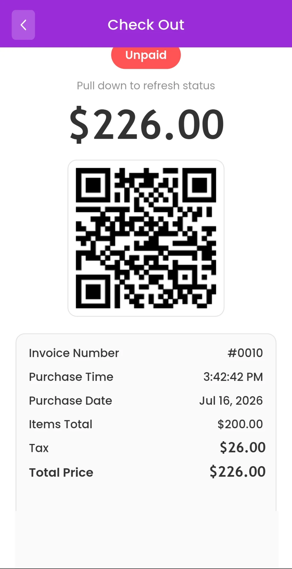 QR checkout screen showing an invoice total and status